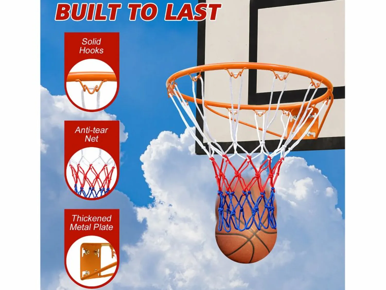 Canasta de baloncesto de repuesto resistente, para montaje en pared o puerta, de acero, color con red (58 x 50 x 10 cm)