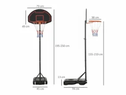 Outlet Canasta de baloncesto de altura regulable 195-250 cm con soporte, de acero, color , para niños, con ruedas (131, con ruedas (131x49x250 cm) Negro