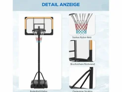 Clearance Canasta de baloncesto regulable en altura con soporte, acero, color , ruedas incluidas (71x74x264 cm) Negro