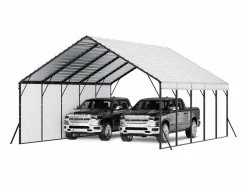 Outlet Carport SucceBuy, 5,8 x 7,45 m, Cochera Metálica Resistente, Refugio de Garaje Exterior con Estructura de Acero, para Camionetas, Barcos, Camiones y Tractores Plateado