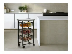 New Don Hierro Carrito auxiliar FIFTY-FIFTY con 3 cestas metálicas, encimera de acero inoxidable y ruedas. Diseño moderno y funcionalidad Negro