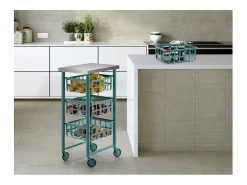 Outlet Carrito auxiliar FIFTY-FIFTY con 3 cestas metálicas, encimera de acero inoxidable y ruedas. Diseño moderno y funcionalidad Mueble Camarera