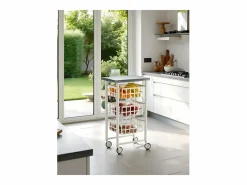 Outlet Don Hierro Carrito auxiliar FIFTY-FIFTY con 3 cestas metálicas, encimera de acero inoxidable y ruedas. Diseño moderno y funcionalidad Blanco