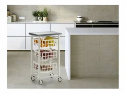 Outlet Don Hierro Carrito auxiliar FIFTY-FIFTY con 3 cestas metálicas, encimera de acero inoxidable y ruedas. Diseño moderno y funcionalidad Blanco