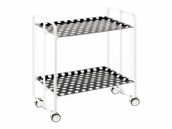 New Carrito auxiliar plegable con ruedas - Estructura metálica blanca, 2 estantes laminados círculos blancos fondo – 72*66*43 cm - BAUHAUS Mueble Camarera