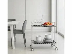 New Carrito auxiliar plegable con ruedas - Estructura metálica blanca, 2 estantes laminados círculos blancos fondo – 72*66*43 cm - BAUHAUS Mueble Camarera