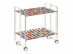 Outlet Carrito auxiliar plegable con ruedas - Estructura metálica blanca, 2 estantes laminados Decorado Círculos – 72*66*43 cm - BAUHAUS Mueble Camarera