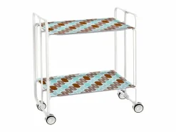 Don Hierro Carrito auxiliar plegable con ruedas - Estructura metálica blanca, 2 estantes laminados Decorado Óvalos turquesa y marrón – 72*66*43 cm - BAUHAUS