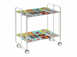 Discount Carrito auxiliar plegable con ruedas - Estructura metálica blanca, 2 estantes laminados Decorado Vintage2 – 72*66*43 cm - BAUHAUS Mueble Camarera