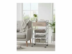 Clearance Carrito de cocina ALESIA – 3 cestas, 1 cajón y encimera color haya en acabado aluminio Mueble Camarera