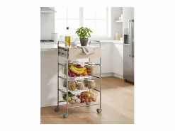 Clearance Carrito de cocina ALESIA – 3 cestas, 1 cajón y encimera color haya en acabado aluminio Mueble Camarera