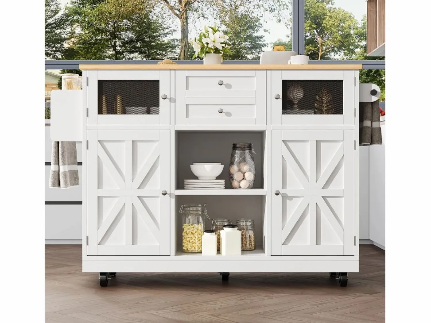 Sale Carrito de cocina con encimera de madera, toallero y estantes ajustables Isla Cocina