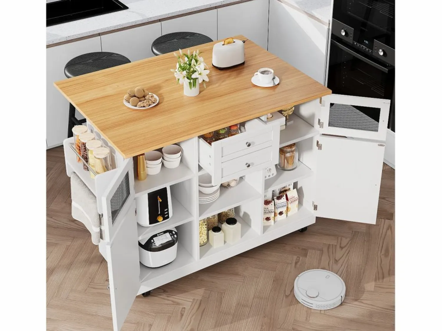 Sale Carrito de cocina con encimera de madera, toallero y estantes ajustables Isla Cocina