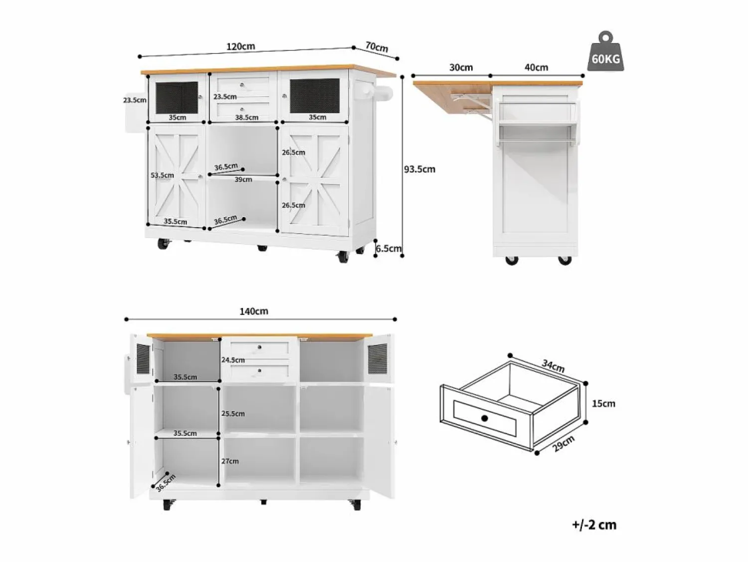 Sale Carrito de cocina con encimera de madera, toallero y estantes ajustables Isla Cocina