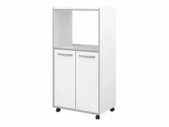 Discount Carrito de cocina compacto 60 cm mate 2 puertas + nicho con estante, espacio para microondas, patas de plástico, Made in France Blanco