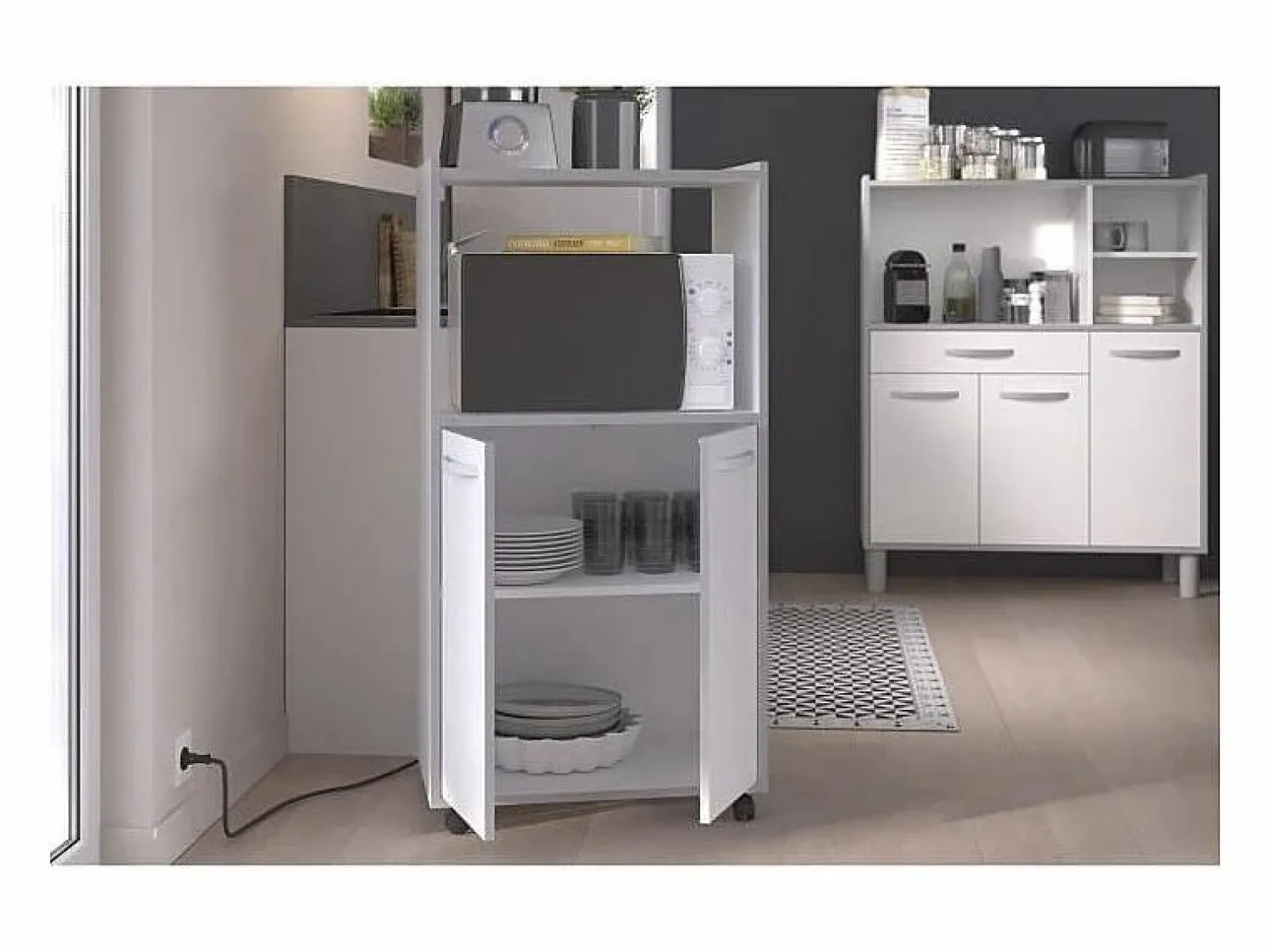 Discount Carrito de cocina compacto 60 cm mate 2 puertas + nicho con estante, espacio para microondas, patas de plástico, Made in France Blanco