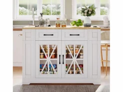 Clearance Hauss Spole Carrito de cocina con ruedas con 2 cajones, 2 puertas de cristal y toma de corriente y puerto USB, tapa extensible imitación madera, cuerpo Blanco