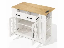 Clearance Hauss Spole Carrito de cocina con ruedas con 2 cajones, 2 puertas de cristal y toma de corriente y puerto USB, tapa extensible imitación madera, cuerpo Blanco