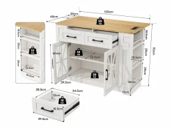 Clearance Hauss Spole Carrito de cocina con ruedas con 2 cajones, 2 puertas de cristal y toma de corriente y puerto USB, tapa extensible imitación madera, cuerpo Blanco