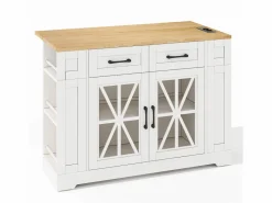 Clearance Hauss Spole Carrito de cocina con ruedas con 2 cajones, 2 puertas de cristal y toma de corriente y puerto USB, tapa extensible imitación madera, cuerpo Blanco