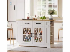Clearance Hauss Spole Carrito de cocina con ruedas con 2 cajones, 2 puertas de cristal y toma de corriente y puerto USB, tapa extensible imitación madera, cuerpo Blanco