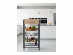 Discount Carrito de cocina Diana con 3 cestas extraíbles, cajón y botellero – mueble auxiliar con ruedas en color inox y haya Mueble Camarera