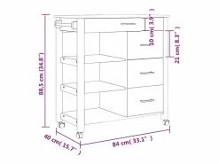 Clearance Carrito de cocina MONZA madera maciza de pino 84x40x88,5 cm Mueble Camarera