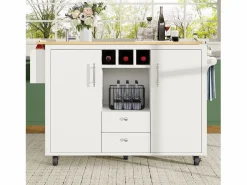 Sale OKWISH Carrito de cocina móvil con encimera plegable, espacio de almacenamiento y botellero - Blanco