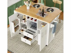 Sale OKWISH Carrito de cocina móvil con encimera plegable, espacio de almacenamiento y botellero - Blanco