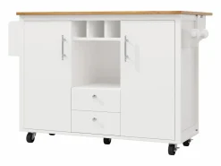 Sale OKWISH Carrito de cocina móvil con encimera plegable, espacio de almacenamiento y botellero - Blanco