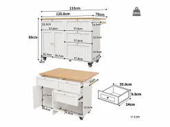 Hauss Spole Carrito de cocina móvil con tapa extensible chapada en imitación madera, 3 cajones y 3 puertas incluidas, - 133x70x88cm