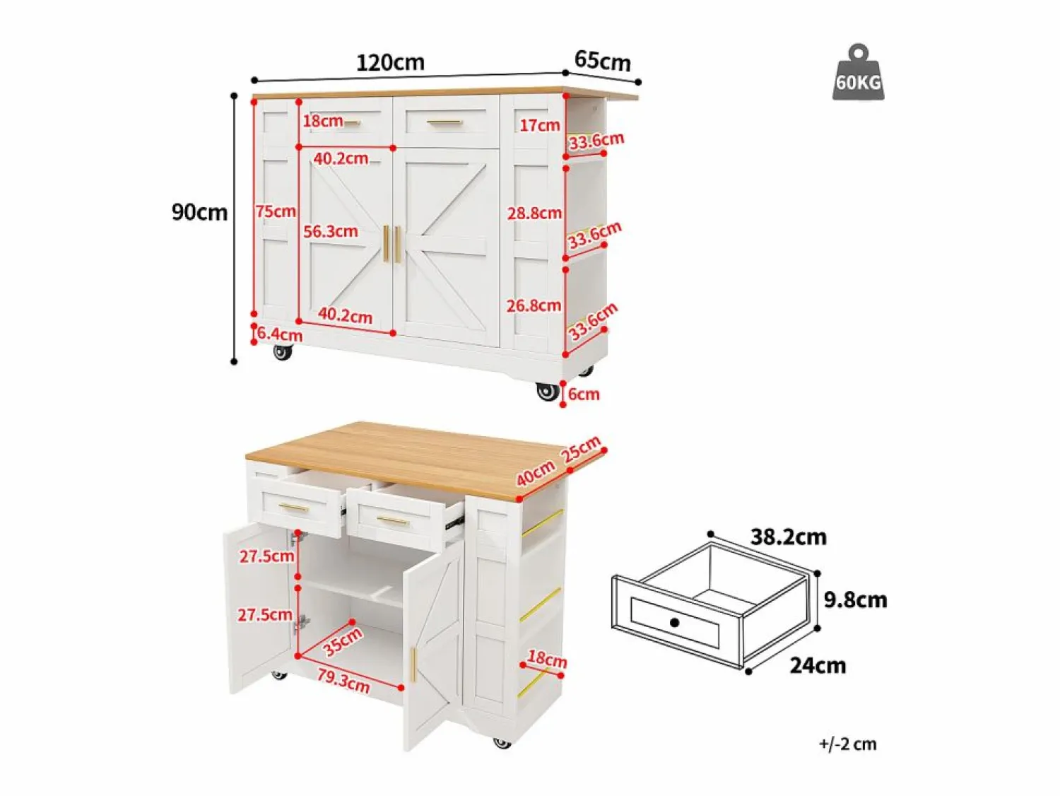 Sale Carrito de cocina móvil con tablero extensible chapado en imitación madera, 2 cajones, 2 puertas y estantes incluidos, - 120x65x90cm Mueble Camarera