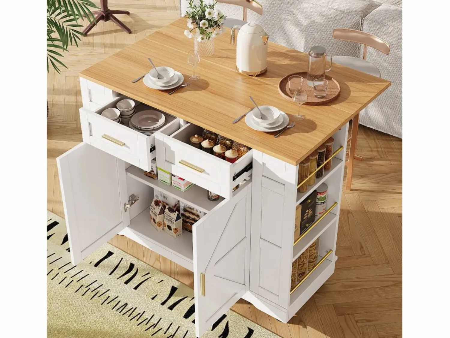 Sale Carrito de cocina móvil con tablero extensible chapado en imitación madera, 2 cajones, 2 puertas y estantes incluidos, - 120x65x90cm Mueble Camarera