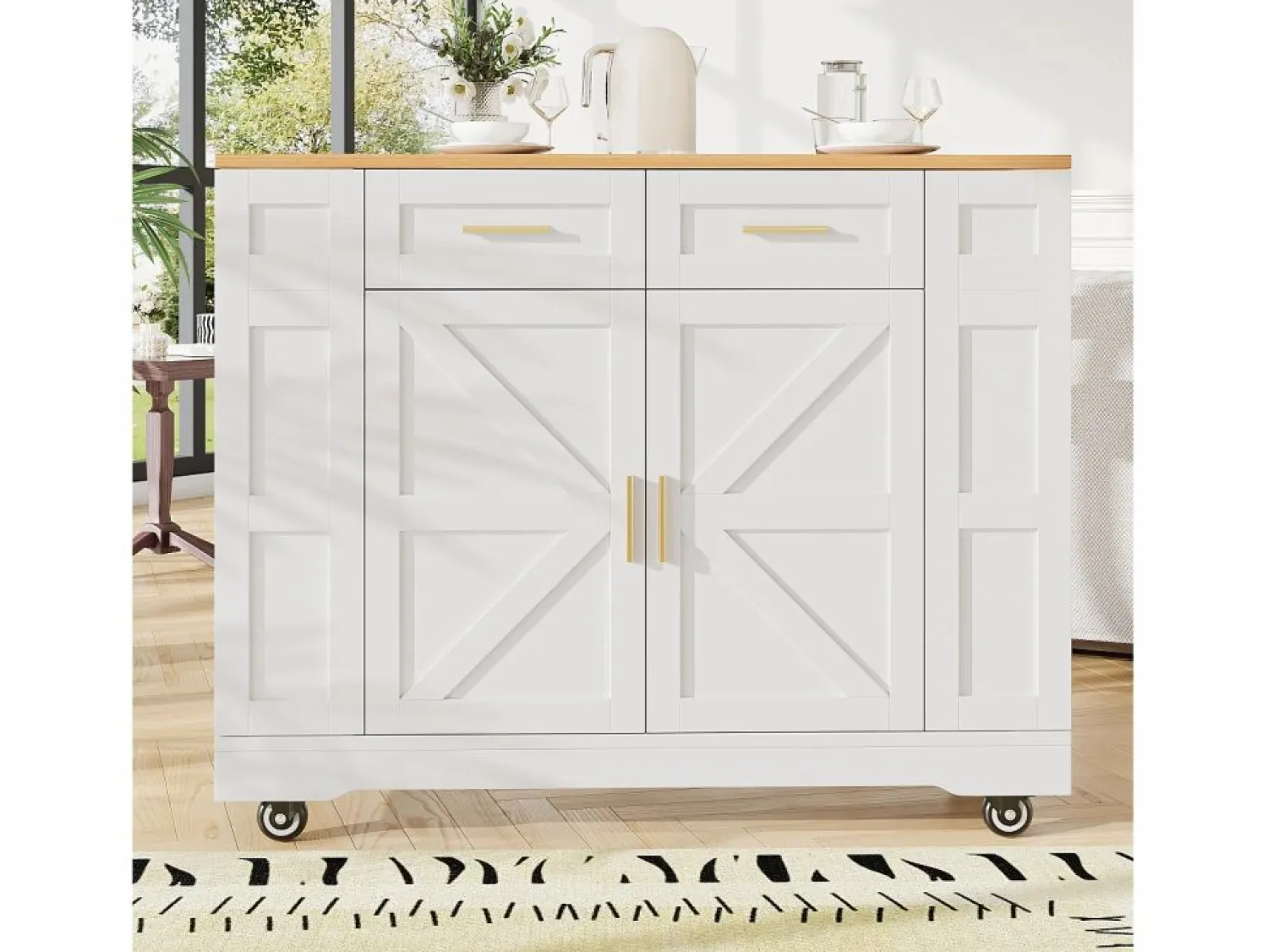 Sale Carrito de cocina móvil con tablero extensible chapado en imitación madera, 2 cajones, 2 puertas y estantes incluidos, - 120x65x90cm Mueble Camarera