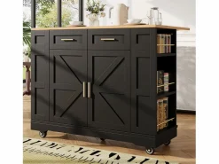 Online Hauss Spole Carrito de cocina móvil con tablero extensible chapado en imitación madera, 2 cajones, 2 puertas y estantes incluidos, - 120x65x90cm Negro