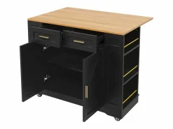 Online Hauss Spole Carrito de cocina móvil con tablero extensible chapado en imitación madera, 2 cajones, 2 puertas y estantes incluidos, - 120x65x90cm Negro