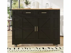 Online Hauss Spole Carrito de cocina móvil con tablero extensible chapado en imitación madera, 2 cajones, 2 puertas y estantes incluidos, - 120x65x90cm Negro