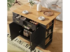 Online Hauss Spole Carrito de cocina móvil con tablero extensible chapado en imitación madera, 2 cajones, 2 puertas y estantes incluidos, - 120x65x90cm Negro