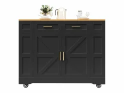 Online Hauss Spole Carrito de cocina móvil con tablero extensible chapado en imitación madera, 2 cajones, 2 puertas y estantes incluidos, - 120x65x90cm Negro