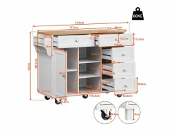 Discount Carrito de cocina móvil de madera con 1 puerta y 5 cajones, aparador con almacenaje 134x46x92 cm - Blanco