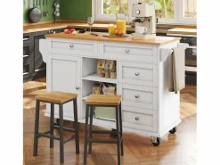 Discount Carrito de cocina móvil de madera con 1 puerta y 5 cajones, aparador con almacenaje 134x46x92 cm - Blanco