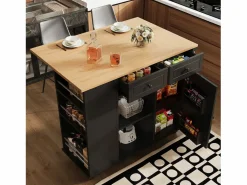Carrito de cocina móvil con toallero - Isla de cocina con 2 cajones y 1 puerta - 5 compartimentos abiertos