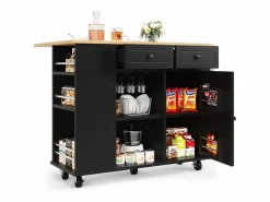Carrito de cocina móvil con toallero - Isla de cocina con 2 cajones y 1 puerta - 5 compartimentos abiertos