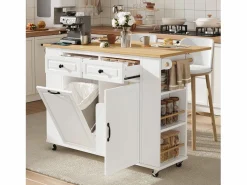 Clearance Carrito de cocina 100x40x91,5 con mesa de comedor extensible, papeleras y toallero en color para cocina y comedor Blanco