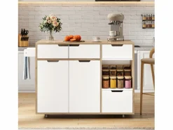 Carrito de cocina 120x46x85cm con ruedas giratorias 360°, cajones, puertas de armario y compartimentos abiertos en color para cocina y salón
