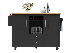 New Carrito de servicio - Carrito de servicio con 2 cajones y 2 puertas - Especiero y botellero - para comedor Negro