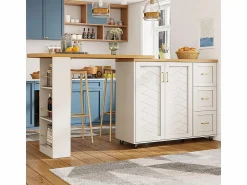 KOMHTOM Carro de bar extensible con 2 puertas y 3 cajones, con ruedas, mostrador exterior de madera,