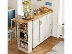 KOMHTOM Carro de bar extensible con 2 puertas y 3 cajones, con ruedas, mostrador exterior de madera,