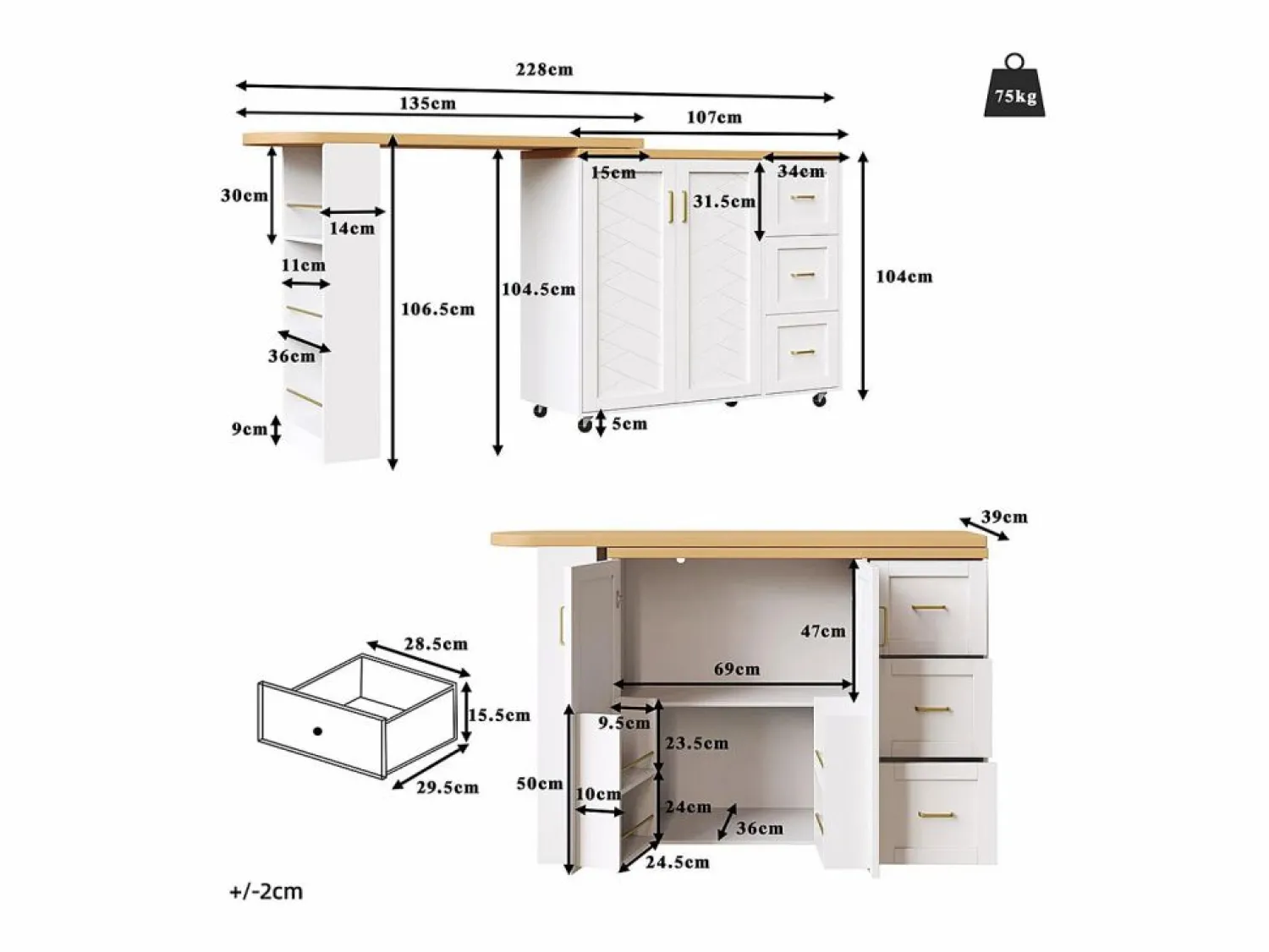 KOMHTOM Carro de bar extensible con 2 puertas y 3 cajones, con ruedas, mostrador exterior de madera,