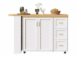KOMHTOM Carro de bar extensible con 2 puertas y 3 cajones, con ruedas, mostrador exterior de madera,
